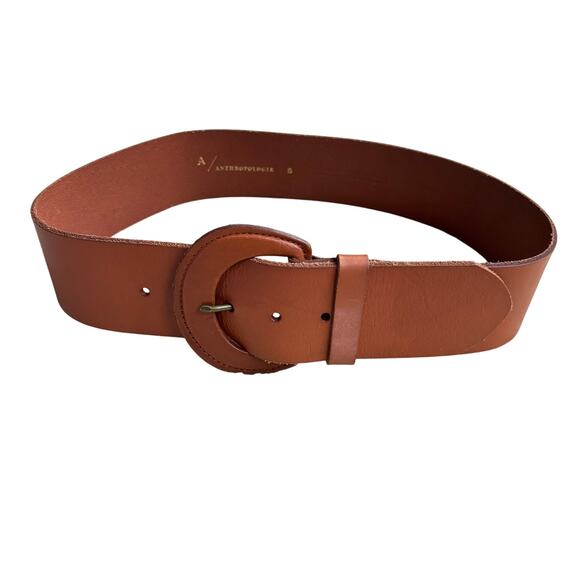 Anthropologie leather belt size S British camel tan wide waist adjustable chic - Picture 6 of 8